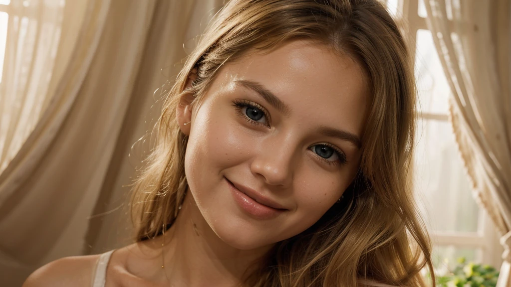 With a smile on her delicate face, a young, attractive woman with flowing blond hair. Her full eyes radiate curiosity, as if ready to immerse themselves in every moment of life. Looking at her, you'll notice those lips that invite you to kiss. They form a gentle arch, painted on the canvas of her face. They seem pleasantly warm, as if always ready for a tender embrace or an emotionally charged kiss. Observing her, you see how she plays with the light. The warmth of the setting sun emphasizes the subtle features of her face, making her even more dazzling. She is like a painting that captures attention, and her presence makes you want to freeze time to savor the moment, shimmering with the fullness of life.ultra high res.photo realistic: 1.4, UDH, naturelle proche visage