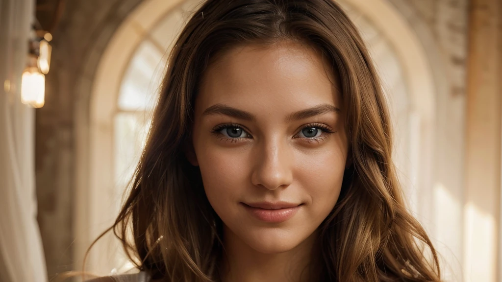 With a smile on her delicate face, a young, attractive woman with flowing blond hair. Her full eyes radiate curiosity, as if ready to immerse themselves in every moment of life. Looking at her, you'll notice those lips that invite you to kiss. They form a gentle arch, painted on the canvas of her face. They seem pleasantly warm, as if always ready for a tender embrace or an emotionally charged kiss. Observing her, you see how she plays with the light. The warmth of the setting sun emphasizes the subtle features of her face, making her even more dazzling. She is like a painting that captures attention, and her presence makes you want to freeze time to savor the moment, shimmering with the fullness of life.ultra high res.photo realistic: 1.4, UDH, naturelle proche visage