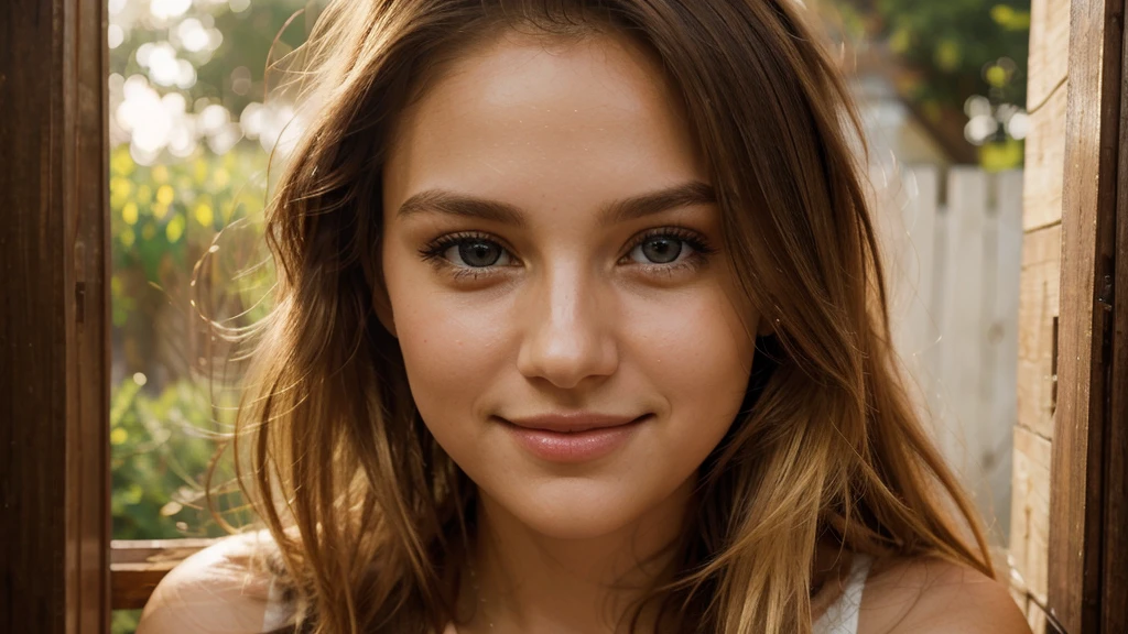 With a smile on her delicate face, a young, attractive woman with flowing blond hair. Her full eyes radiate curiosity, as if ready to immerse themselves in every moment of life. Looking at her, you'll notice those lips that invite you to kiss. They form a gentle arch, painted on the canvas of her face. They seem pleasantly warm, as if always ready for a tender embrace or an emotionally charged kiss. Observing her, you see how she plays with the light. The warmth of the setting sun emphasizes the subtle features of her face, making her even more dazzling. She is like a painting that captures attention, and her presence makes you want to freeze time to savor the moment, shimmering with the fullness of life.ultra high res.photo realistic: 1.4, UDH, naturelle proche visage
