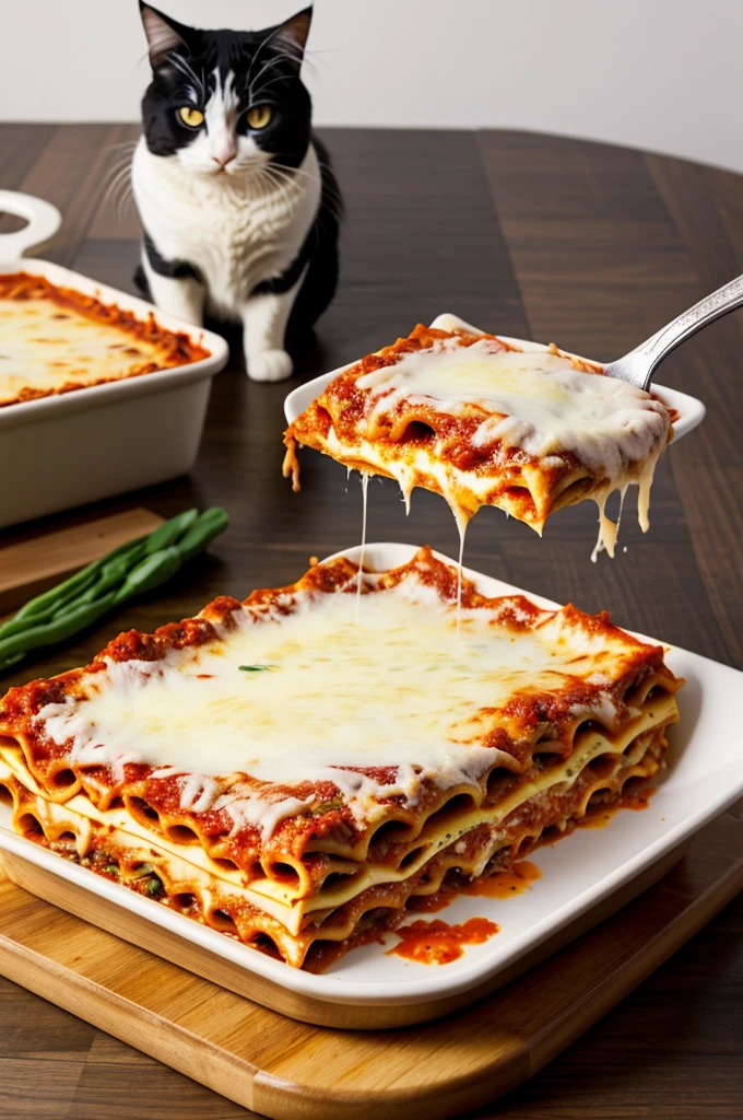 Make a fat cat eating lasagna