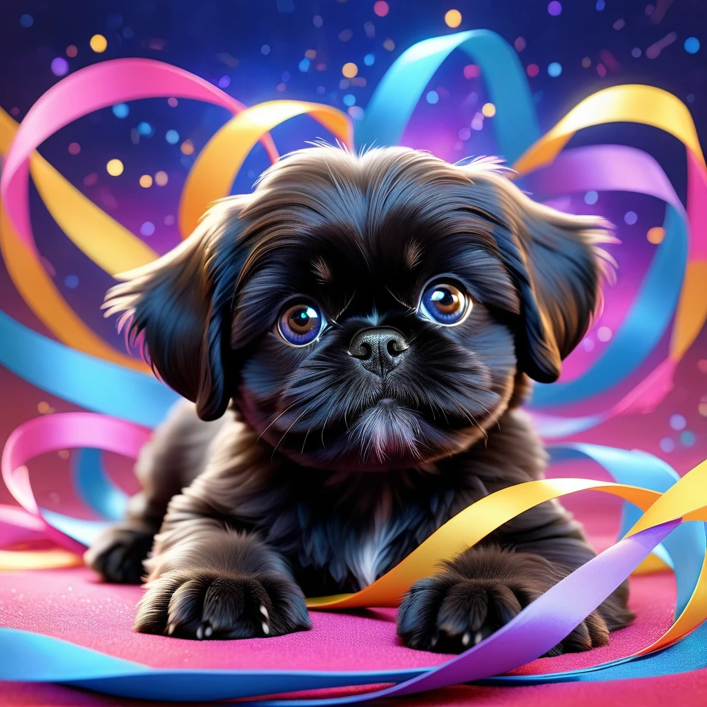 2 black shih tzu puppies with beautiful big blue eyes, curling up in the air, glowing cloud background surrounded by colorful ribbons and star-shaped particles, falling through the air, lying on back with arms and legs spread wide, close-up happy expression towards viewer, pop art style, ultra-detailed, 8k, highres, masterpiece, ultra-fine painting, physically-based rendering, extreme detail description, vivid colors, dynamic motion blur, dynamic action scenes, 3D Pixar style