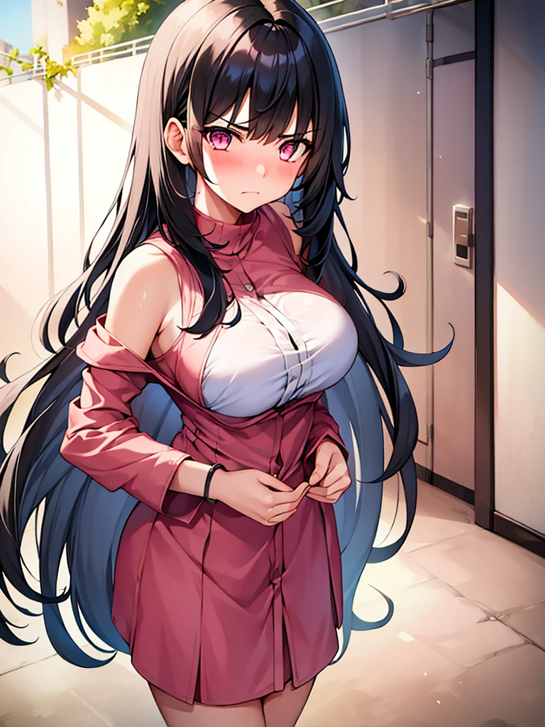 One girl, Young,Large Breasts, Black Hair, Very long hair, Bangs, Pink eyes, Slanted Eyes, Frowning, Blushing, Worried, Shy, underwear