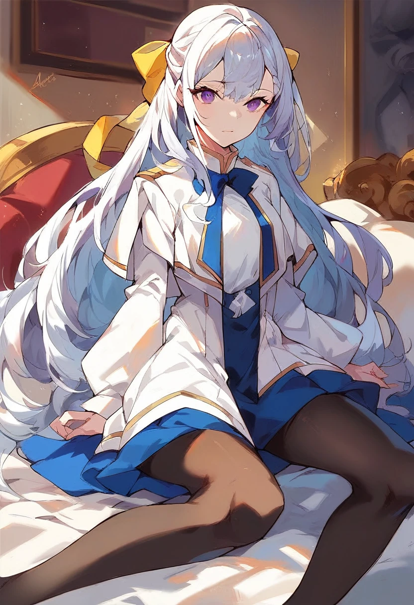 score_9, score_8_up, score_7_up, source_anime, masterpiece, 1girl, euphyllia, white hair, purple eyes, shiny hair, white capelet, long sleeves, blue neckwear, looking at viewer, blue skirt, indoors, sitting on bed, black pantyhose