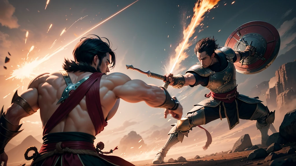 "The warrior from the Dragon Clan swings his sword downward in a powerful arc, aiming at an opponent's shield. The impact sends sparks flying, showcasing the strength of the blow."