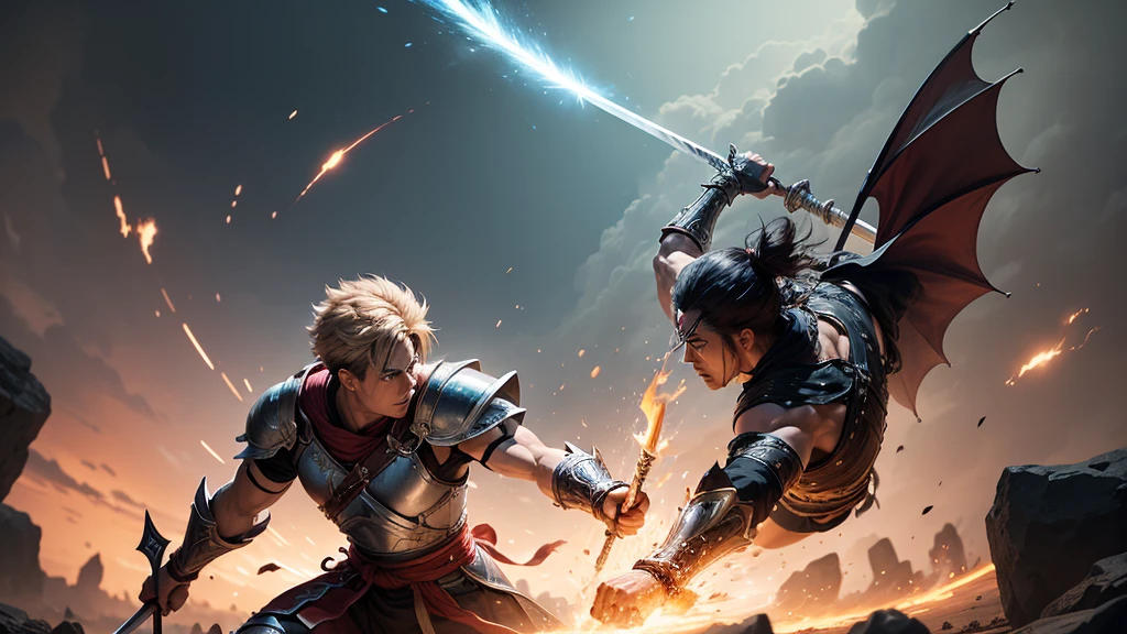 "The warrior from the Dragon Clan swings his sword downward in a powerful arc, aiming at an opponent's shield. The impact sends sparks flying, showcasing the strength of the blow."