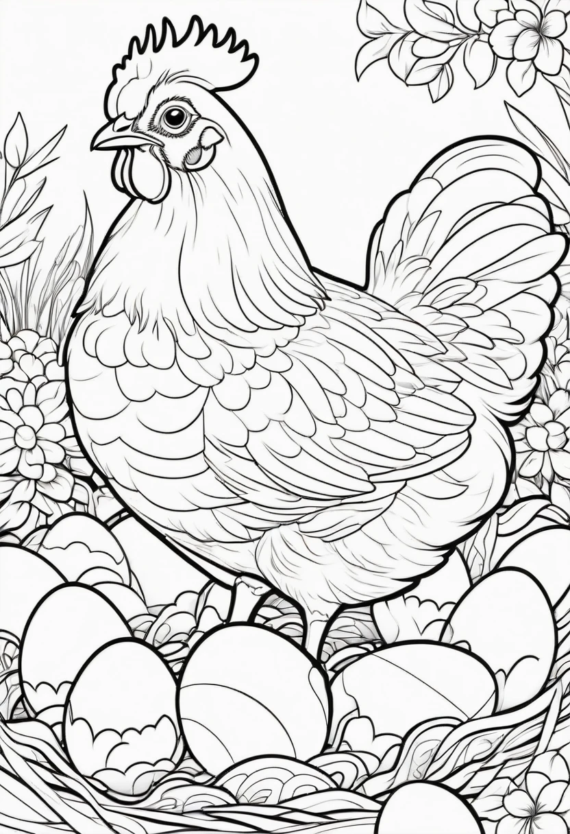 coloring page for kids, Hen sitting on eggs, cartoon style, thick lines