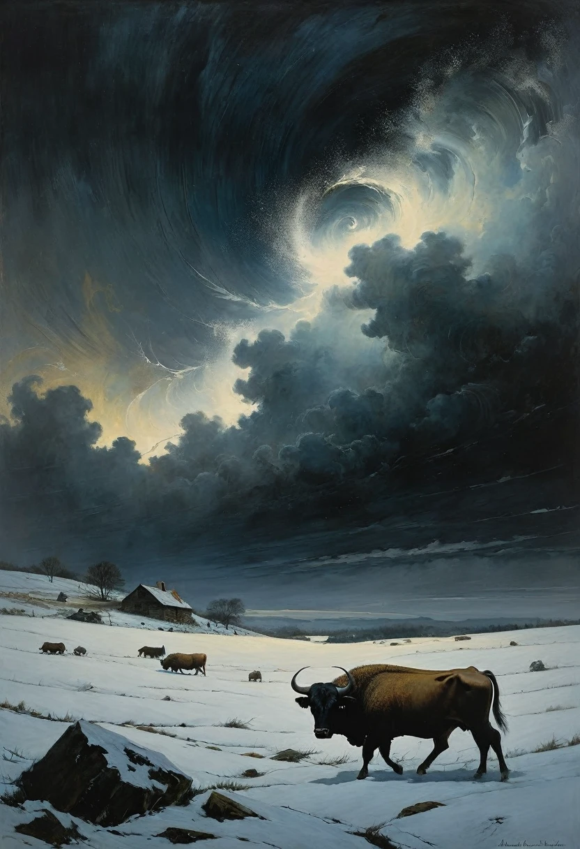 A storm with darkness covers the sky with swirling snow whirlwinds, then it howls like an ox, then it cries like a , digital painting, high quality the darkest and longest night of the year, style by Andrew Wyeth, Charlie Bowett, Albert Joseph Penaud, Dariusz Zawadzki. Tetsuya Ishida. Zdzislaw Beksinski. Patrizia Piccinini. Mark Powell. Ralph Blakelock, Ed Emshwiller, Marianne Wroten, (best quality, masterpiece 1.2) - ((best quality)), ((masterpiece)) (detail), 16k.
