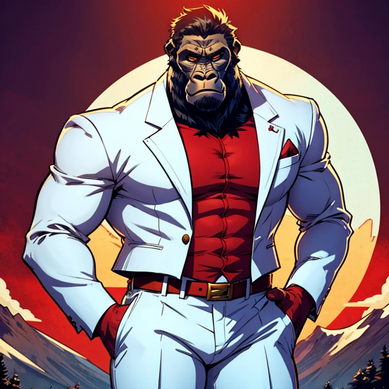 Gorilla in a white suit with a red shirt underneath　Dandy atmosphere　Mountain gorilla　American comic style