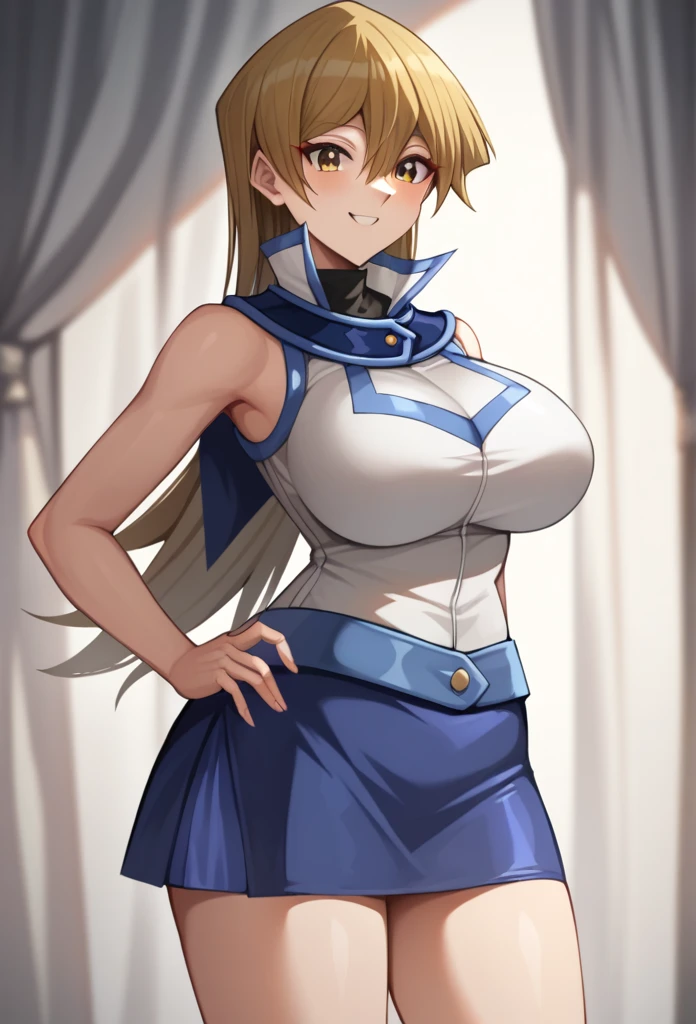 score_9,score_8_up,score_7_up,tenjouin_asuka,1girl,blonde_hair,long_hair,duel_academy_uniform_\(yu-gi-oh!_gx\),brown_eyes,hair_between_eyes,large_breasts,yellow_eyes,blue_skirt,white_jacket,miniskirt, sexy legs, big breast, huge , smile, sexy 