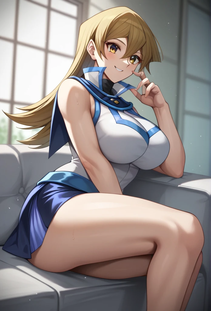 score_9,score_8_up,score_7_up,tenjouin_asuka,1girl,blonde_hair,long_hair,duel_academy_uniform_\(yu-gi-oh!_gx\),brown_eyes,hair_between_eyes,large_breasts,yellow_eyes,blue_skirt,white_jacket,miniskirt, sexy legs, big breast, huge , smile, sexy 