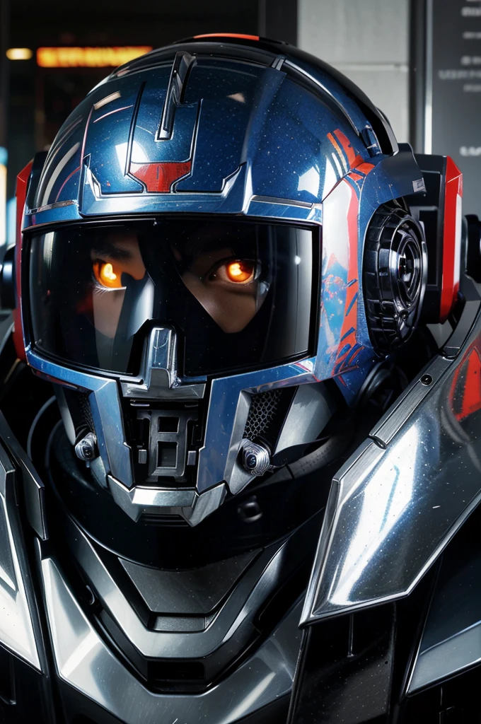 a close up of a robot with a helmet on, full color manga cover, optimus prime, image full of reflections, by Adam Rex, official art, samurai mask, both faces visible, leaked image, robot lurks in the background, glass cover, arcade game, full image, wild style, color page, hq artwork, lowres, streaming