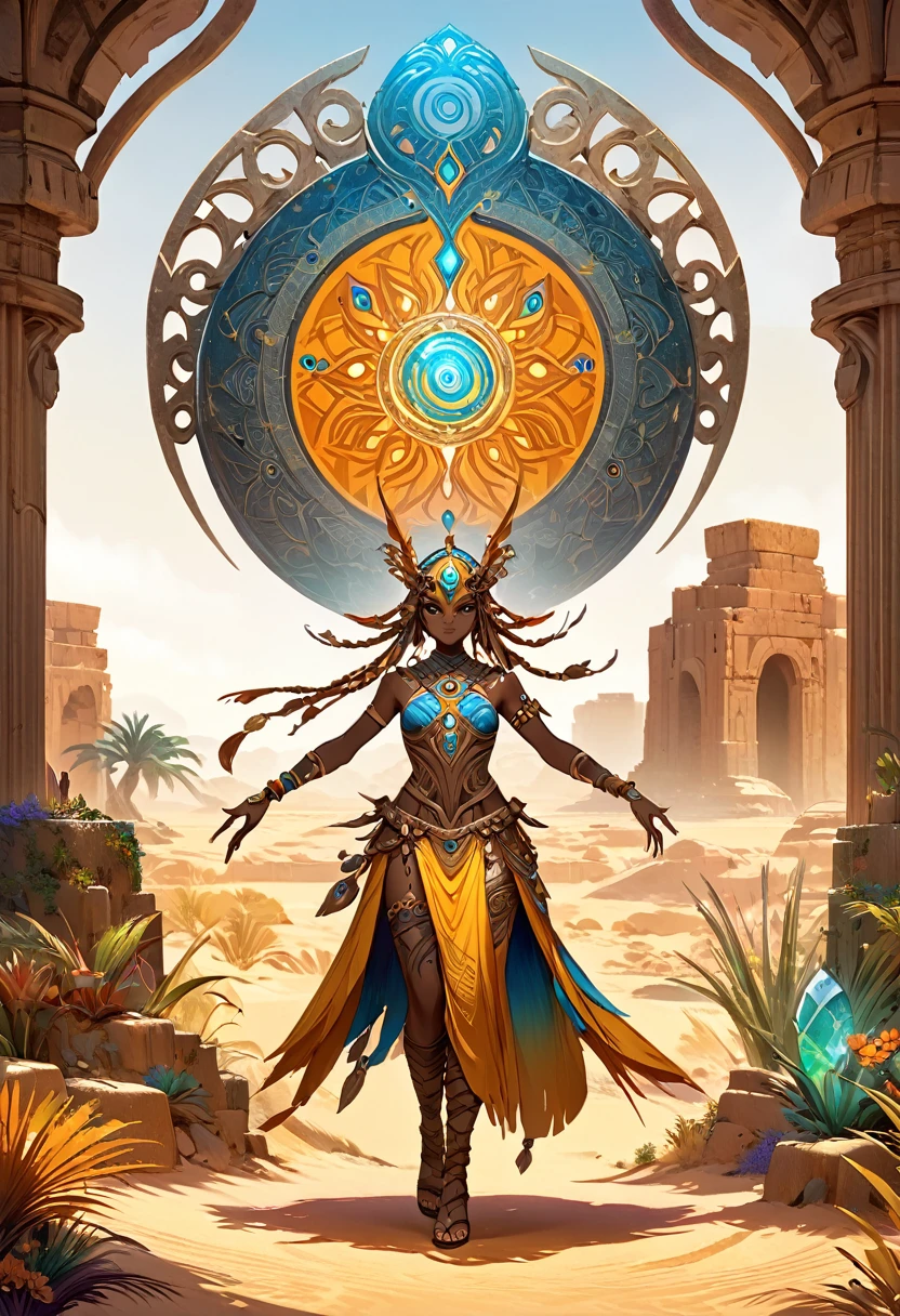 a medium detailed illustration of the "Oracle of the Ochre Oasis" entity, featuring an adoptable and cannibalistic character with a new attitude, fantasy art, mystical, colorful, magical, detailed character design, concept art, standing in a vibrant desert oasis setting, surrounded by ancient ruins, character centered, dynamic pose, ornate accessories, character customization, creative interpretation, medium shot, high-quality rendering, intricate patterns, digital painting, 4k resoluation.