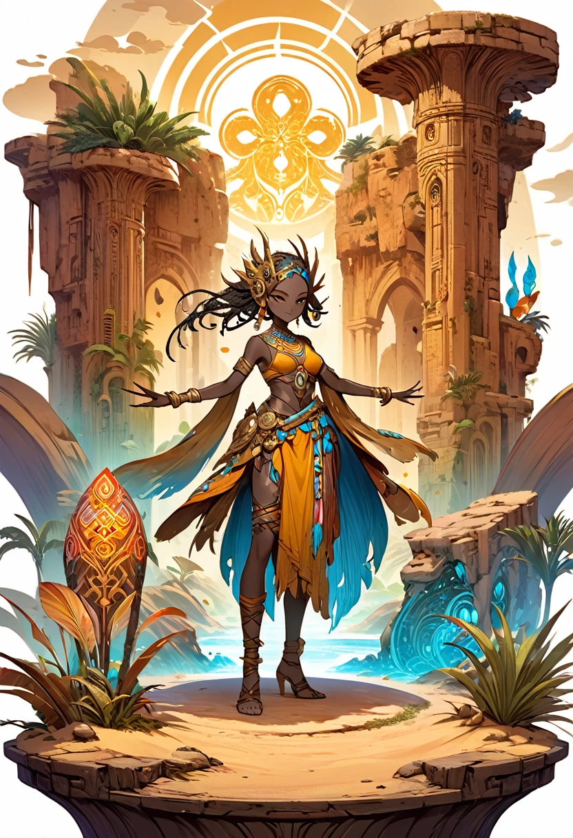 a medium detailed illustration of the "Oracle of the Ochre Oasis" entity, featuring an adoptable and cannibalistic character with a new attitude, fantasy art, mystical, colorful, magical, detailed character design, concept art, standing in a vibrant desert oasis setting, surrounded by ancient ruins, character centered, dynamic pose, ornate accessories, character customization, creative interpretation, medium shot, high-quality rendering, intricate patterns, digital painting, 4k resoluation.