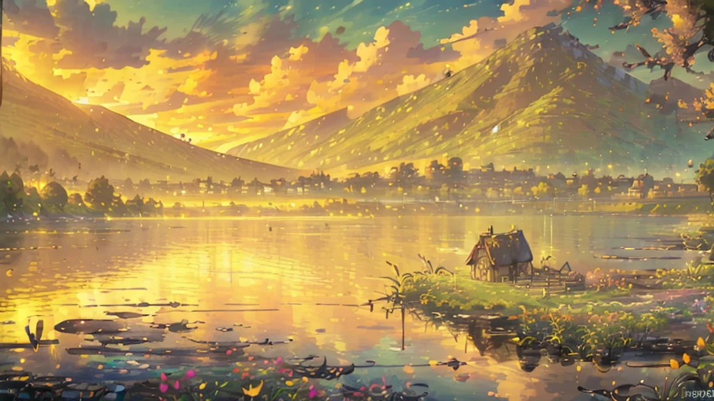 (work of art:1), (wide sight:1.7),(red cabin near a lake:1.9), (naturey:1.3), (sunset time:1.6), (yellow and orange trees:1.65), silence, (ghibli style:1.5), (lily leaves:1.5), (reflection:1.7), (shine light:1.5), magnificent sky, (Volumetric Light:1.2), peaceful, (ripples:1.4), (covered with yellow Bougainville flowers:1.5),(diffuse light:1.3), (calm:1.3), (swirly vibrant colors:1.5), (Scenario:1.4), (beautiful aesthetic:1.2), (paisaje:1.5), (muddy path:1.4) Beautiful tones, subtle colors, peaceful, (illustration: 1.0), epic composition, realistic lighting, (no human:1.6), HD details, work of art, best qualityer, ,