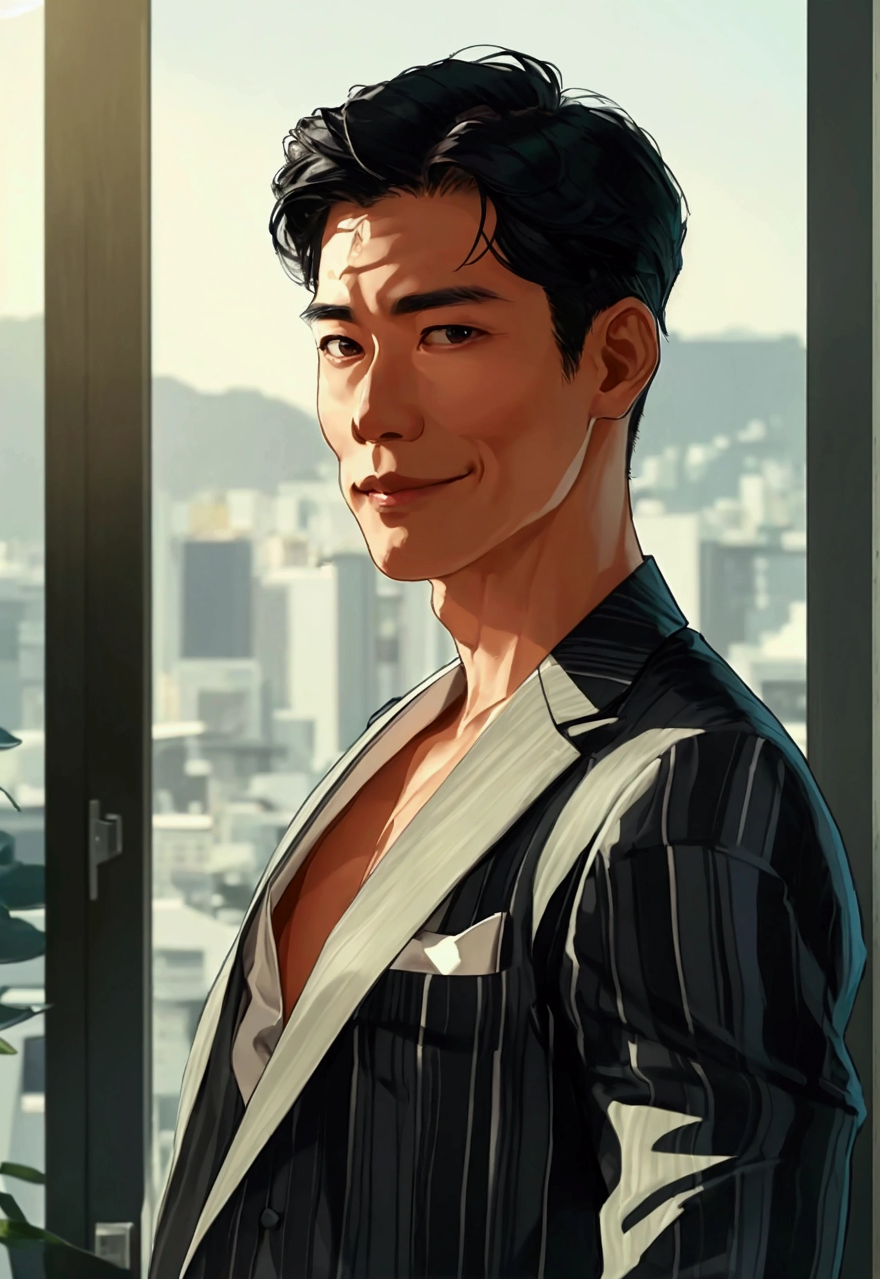 A distinguished, muscular and toned, middle-aged, Korean man with a warm smile, standing in a modern, elegantly furnished apartment in Seoul, South Korea. He has short, neatly styled black hair, and wears a tailored suit with an open-collar shirt, exuding both professionalism and approachability.