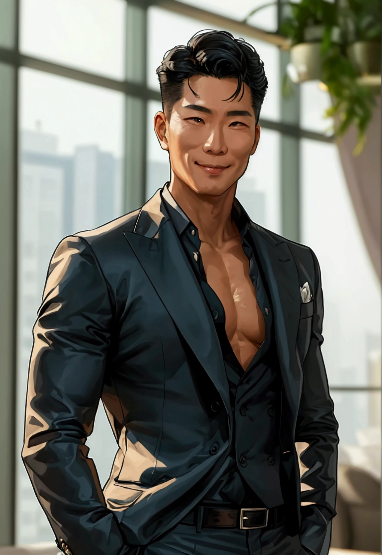 A distinguished, muscular and toned, middle-aged, Korean man with a warm smile, standing in a modern, elegantly furnished apartment in Seoul, South Korea. He has short, neatly styled black hair, and wears a tailored suit with an open-collar shirt, exuding both professionalism and approachability. 