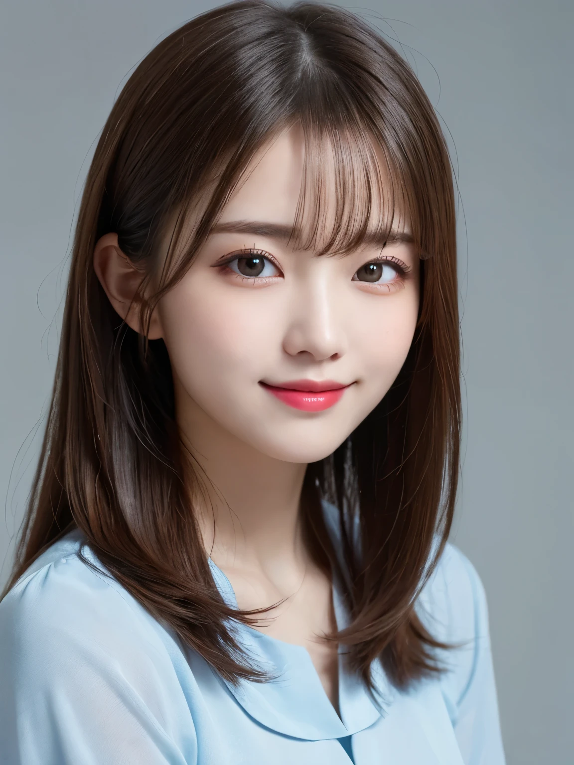 bust up photo, Shows everything from the top of the head to the bust, looks happy, highest quality, shape, Super detailed, finely, High resolution, 8k wallpaper, Perfect dynamic shape, beautiful and detailed eyes, D cup, natural color lip,smile、20 year old girl, Beautiful and dense face、perfect and beautiful face,Big eyes、real photos（best image quality）, blouse (Greige)、looking at camera、Please stand、Do gal makeup, white background