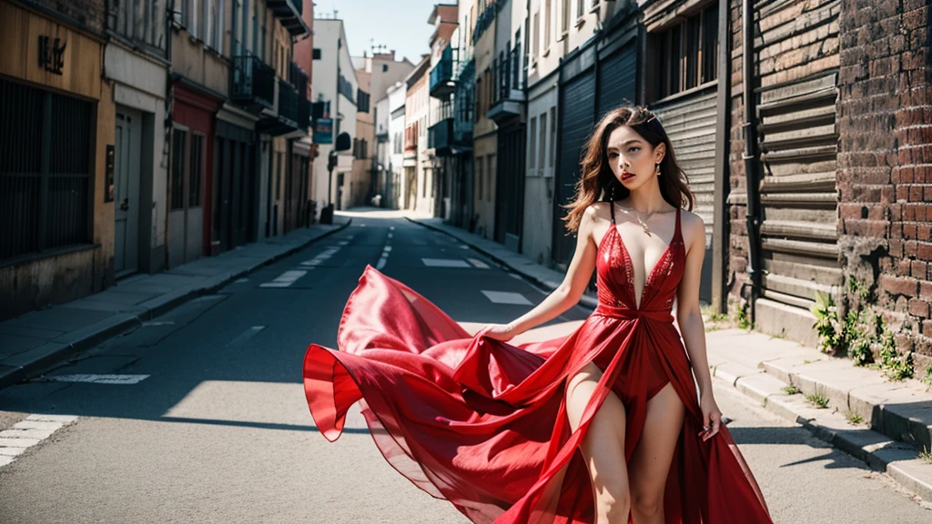 dressart,red dress , floating hair , (floating dress:1.4), (photo art), 1girl, Stunningly Beautiful Girl, Haute_Couture, whole body, designer dress, wearing Haute_Couture, posing for a picture, Long shaped face, angry, crazy, red hair, long ringlets, deserted walkway \(walkway)/ colorful, vivid colors, masterpiece, best quality, absurdres, highest quality, amazing details, 8k, aesthetic,