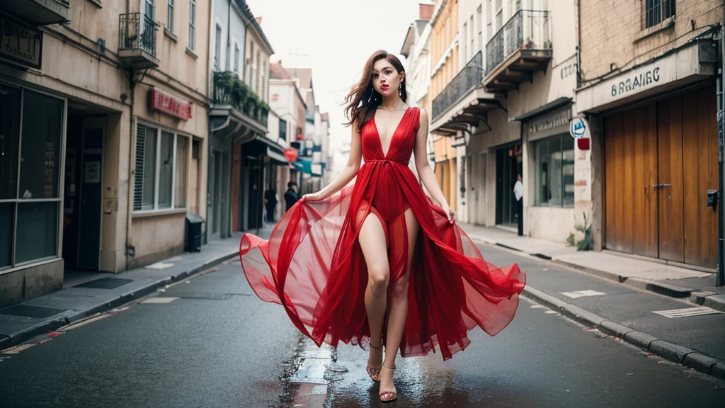 dressart,red dress , floating hair , (floating dress:1.4), (photo art), 1girl, Stunningly Beautiful Girl, Haute_Couture, whole body, designer dress, wearing Haute_Couture, posing for a picture, Long shaped face, angry, crazy, red hair, long ringlets, deserted walkway \(walkway)/ colorful, vivid colors, masterpiece, best quality, absurdres, highest quality, amazing details, 8k, aesthetic,   