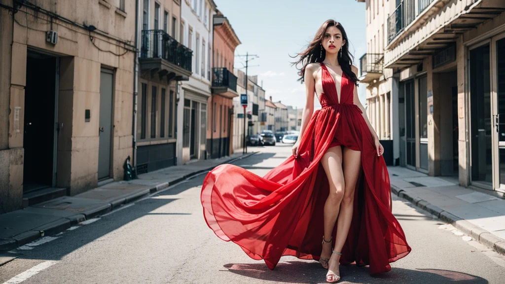dressart,red dress , floating hair , (floating dress:1.4), (photo art), 1girl, Stunningly Beautiful Girl, Haute_Couture, whole body, designer dress, wearing Haute_Couture, posing for a picture, Long shaped face, angry, crazy, red hair, long ringlets, deserted walkway \(walkway)/ colorful, vivid colors, masterpiece, best quality, absurdres, highest quality, amazing details, 8k, aesthetic,