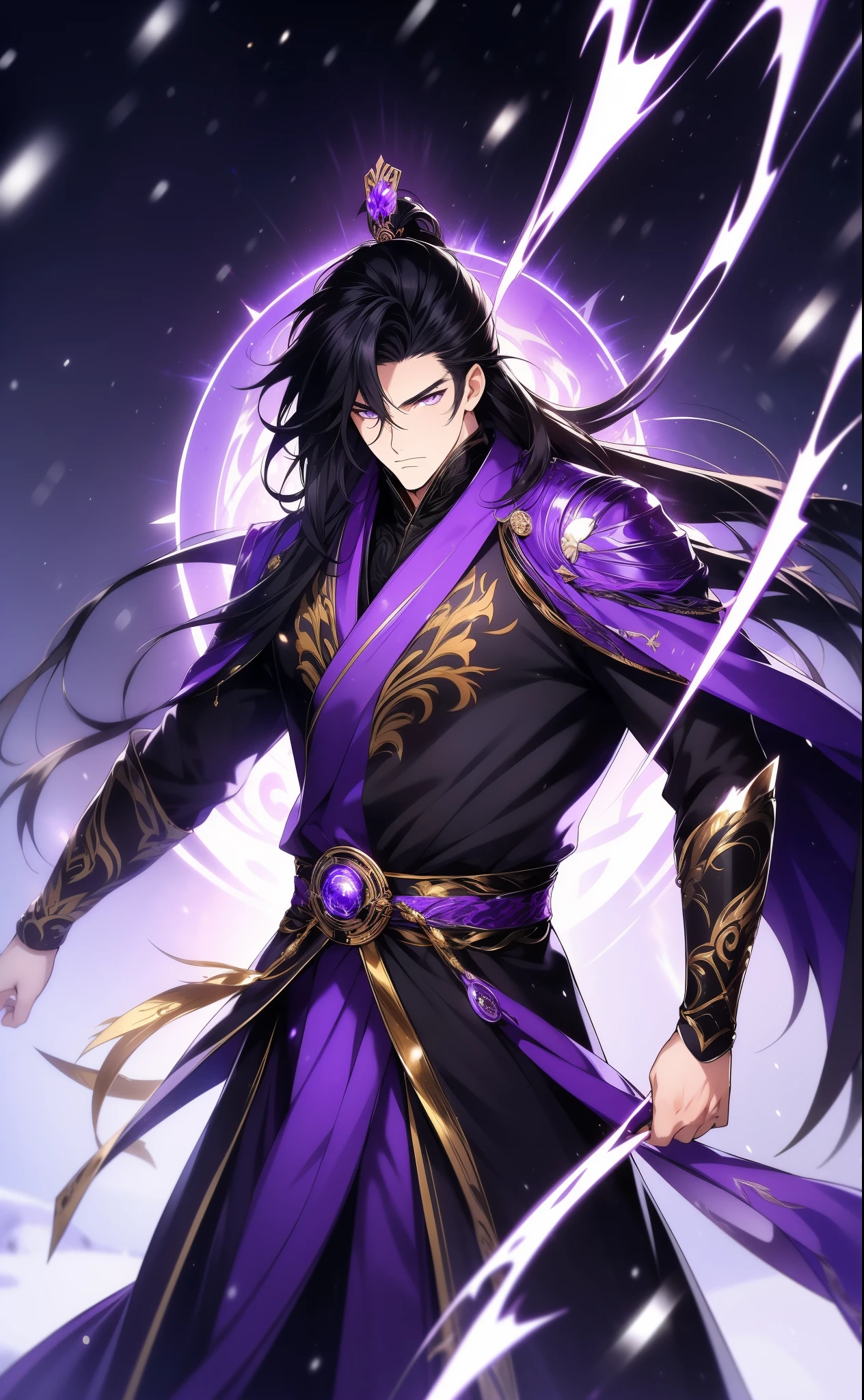 the only person, Libido boy, long black hair, golden eyes, purple martial arts uniform, fighting posture, purple aura, lightning effects, snowy background, snowy plain background, martial arts costumes, 1 man, intricate details, perfect generation, male, poncho, red magical vortex, perfect aura, proud,