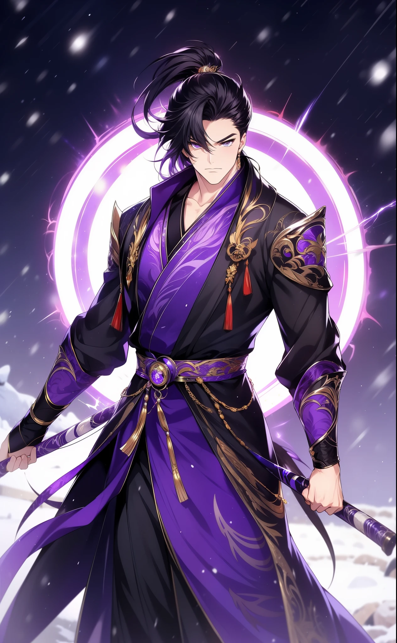 the only person, Libido boy, long black hair, golden eyes, purple martial arts uniform, fighting posture, purple aura, lightning effects, snowy background, snowy plain background, martial arts costumes, 1 man, intricate details, perfect generation, male, poncho, red magical vortex, perfect aura, proud,