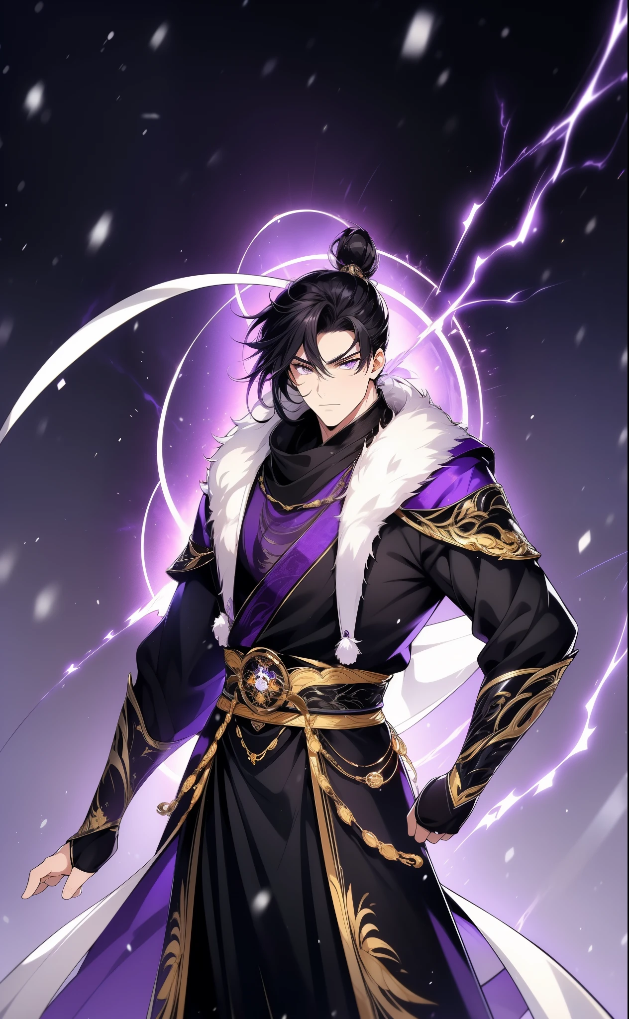 the only person, Libido boy, long black hair, golden eyes, purple martial arts uniform, fighting posture, purple aura, lightning effects, snowy background, snowy plain background, martial arts costumes, 1 man, intricate details, perfect generation, male, poncho, red magical vortex, perfect aura, proud,