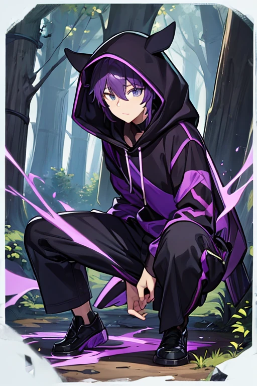 man, black and purple ninja, purple hair, black face mask, In a forest, black hood