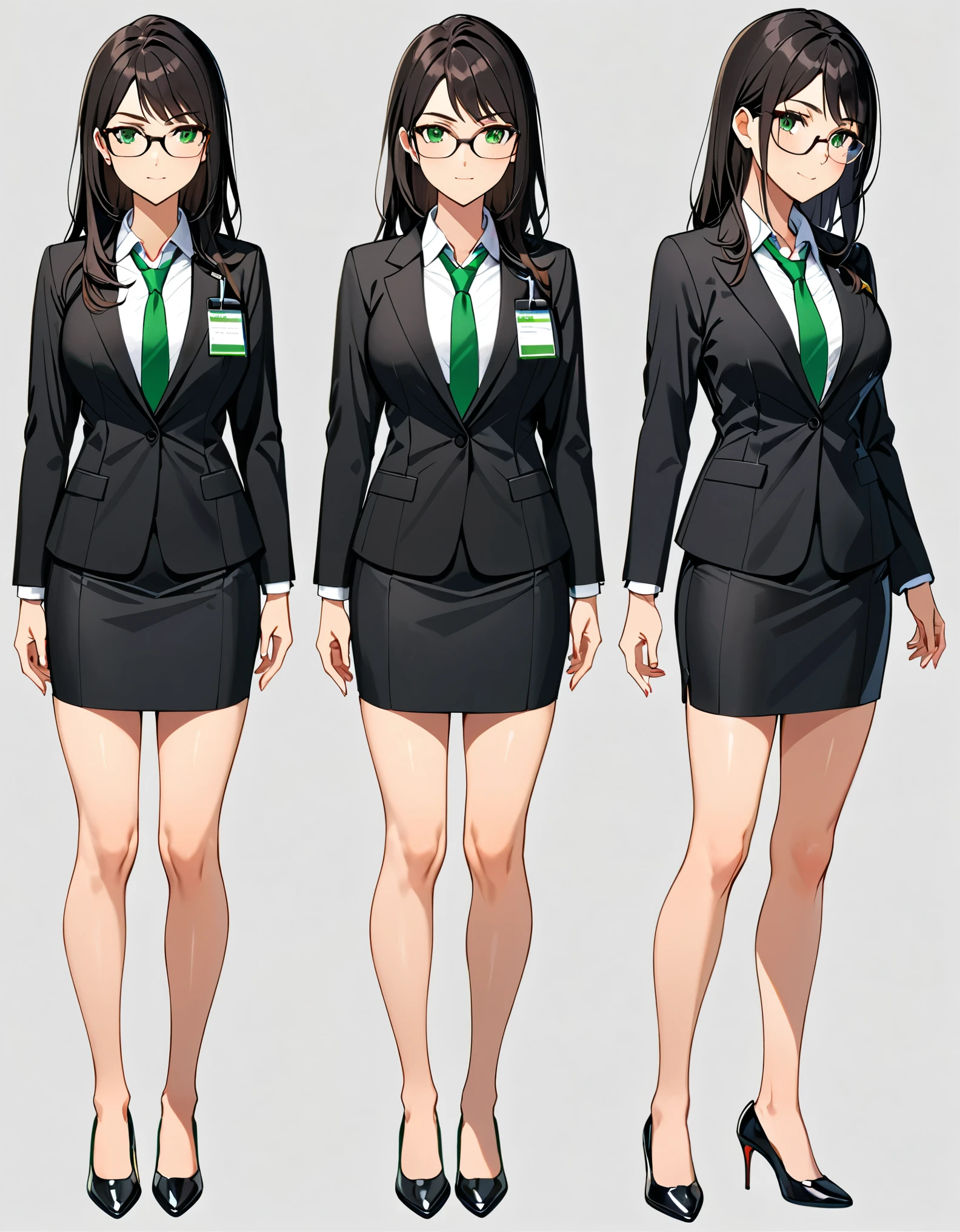 (masterpiece), (best quality), (high res), 1lady, tall body, beautiful detailed eyes, beautiful detailed face, glasses, confident look, perfect hands, complete fingers, perfect anatomy, perfect proportions, ((jet black hair, medium hair, hair down)), ((green eyes)), ((black suit and tie, necktie, reporter's id card necklace)), (white shirt), ((pencil skirt, miniskirt, bare legs)), ((shoes, matching shoes, high heels)), breasts, medium breasts, (full body portrait), looking at viewer, solo, solo focus, full body costume design. Simple background, Multiple Views, Character Sheet Full-Length.