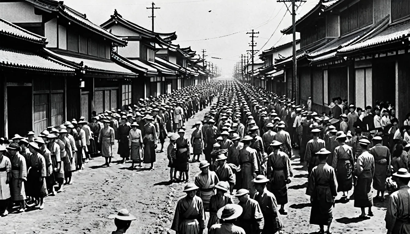 Visuals of post-World War II Japan, showing food shortages, long lines for food, and the general struggle of the populace during that time.