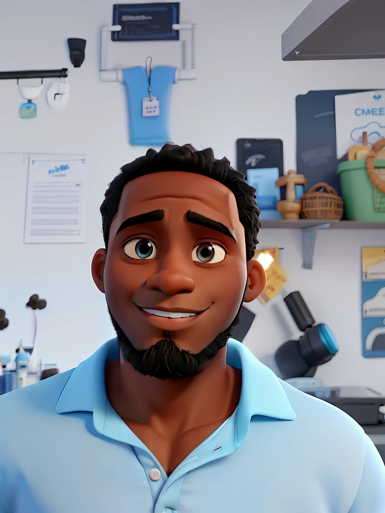 black male, short hair,sem beard, with white polo shirt and blue pants in Disney Pixar style, high qualiy, best qualityer