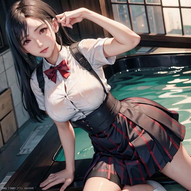 (masterpiece, best quality:1.2), in the bath , wet clothes, soaked, wet hair, wet skin, translucent, glistening with oil , dishevelled , solo, 1girl, school girl uniform , steam , plaid skirt , pleated skirt , The shirt is tight. , white shirt , school girl , red bow , red knot , highly detailed photo of Tifa Lockhart , red eyes, intricate, highres, 8k, detailed hair , wet and sweaty , wet white shirt , clothes were so wet that her breasts could be seen.
