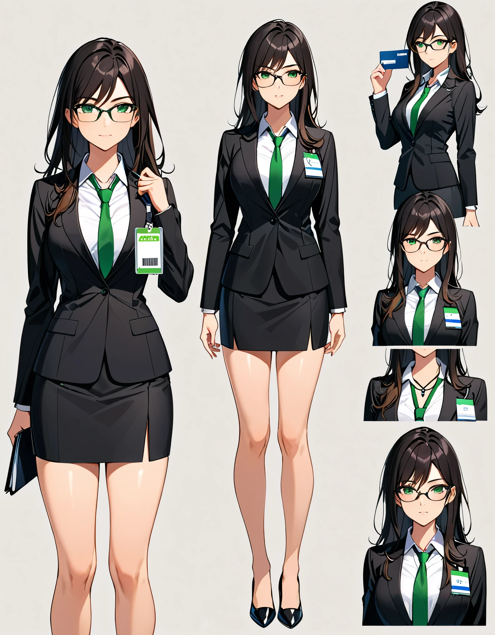 (masterpiece), (best quality), (high res), 1lady, tall body, beautiful detailed eyes, beautiful detailed face, glasses, confident look, perfect hands, complete fingers, perfect anatomy, perfect proportions, ((jet black hair, medium hair, hair down)), ((green eyes)), ((black suit and tie, necktie, reporter's id card necklace)), (white shirt), ((pencil skirt, miniskirt, bare legs)), ((shoes, matching shoes, high heels)), breasts, medium breasts, (full body portrait), looking at viewer, solo, solo focus, full body costume design. Simple background, Multiple Views, Character Sheet Full-Length.