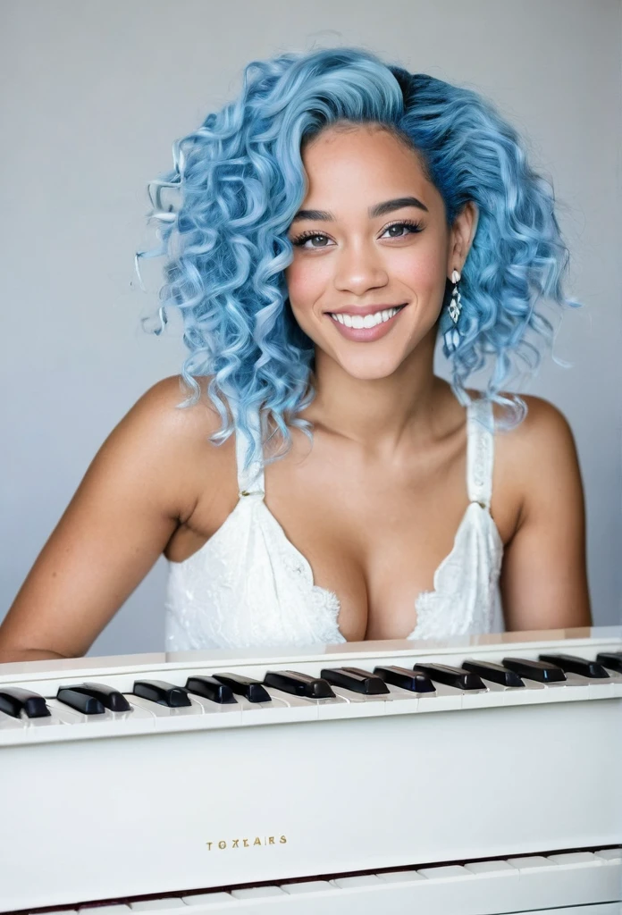 Smiling Beautiful biracial woman, blue hair , light blue eyes , Playing white piano, Gros seins, Boucles d'Oreilles,detailled body