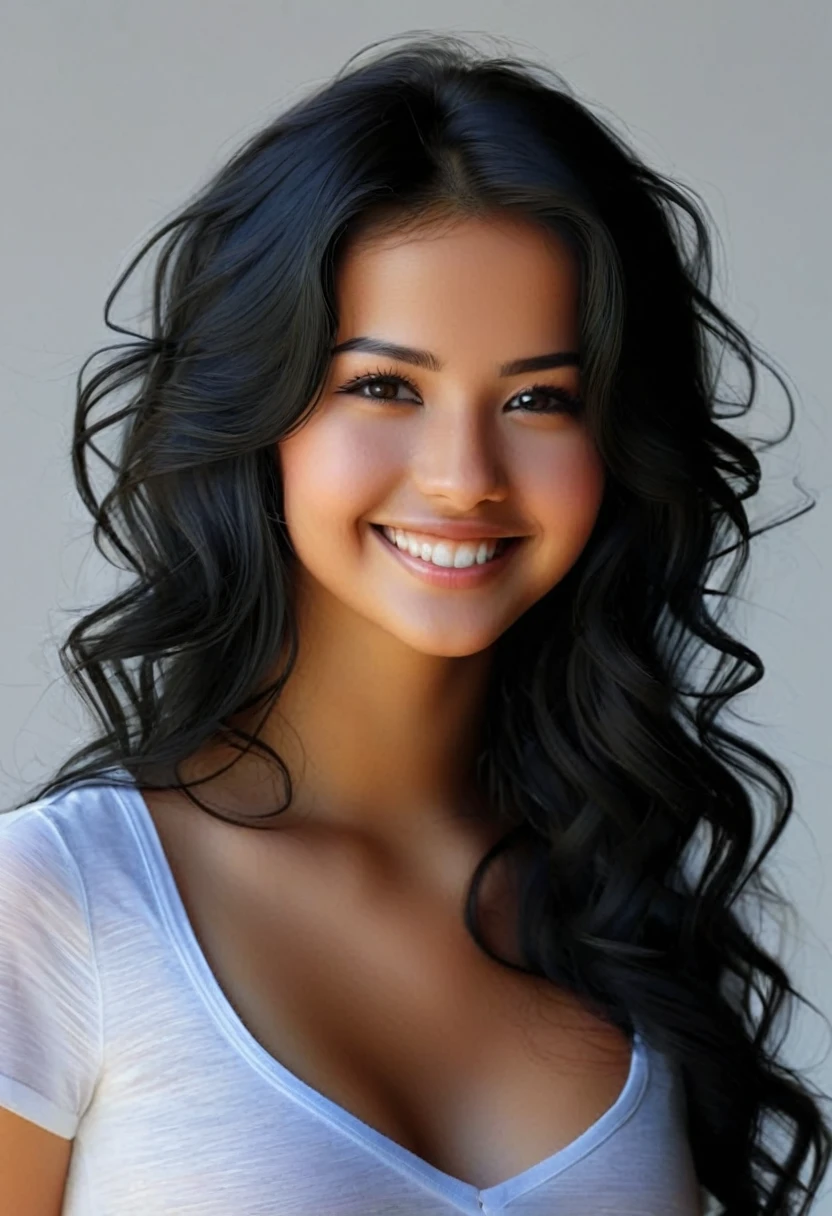 1 mexican girl, 22 years old, Long Wavy black Hair, dark brown eyes, black hair, cleavage, smiling, ((best quality)), ((Meisterwerk)), (Detailliert), Perfektes Gesicht((best quality)), ((Meisterwerk)), (Detailliert), Perfektes Gesicht(best quality)), ((Meisterwerk)), (Detailliert), Perfektes Gesicht(best quality)), ((Meisterwerk)), (Detailliert), Perfektes Gesicht,stunning realistic, photorealistic, photorealism, 1 beautiful girl,