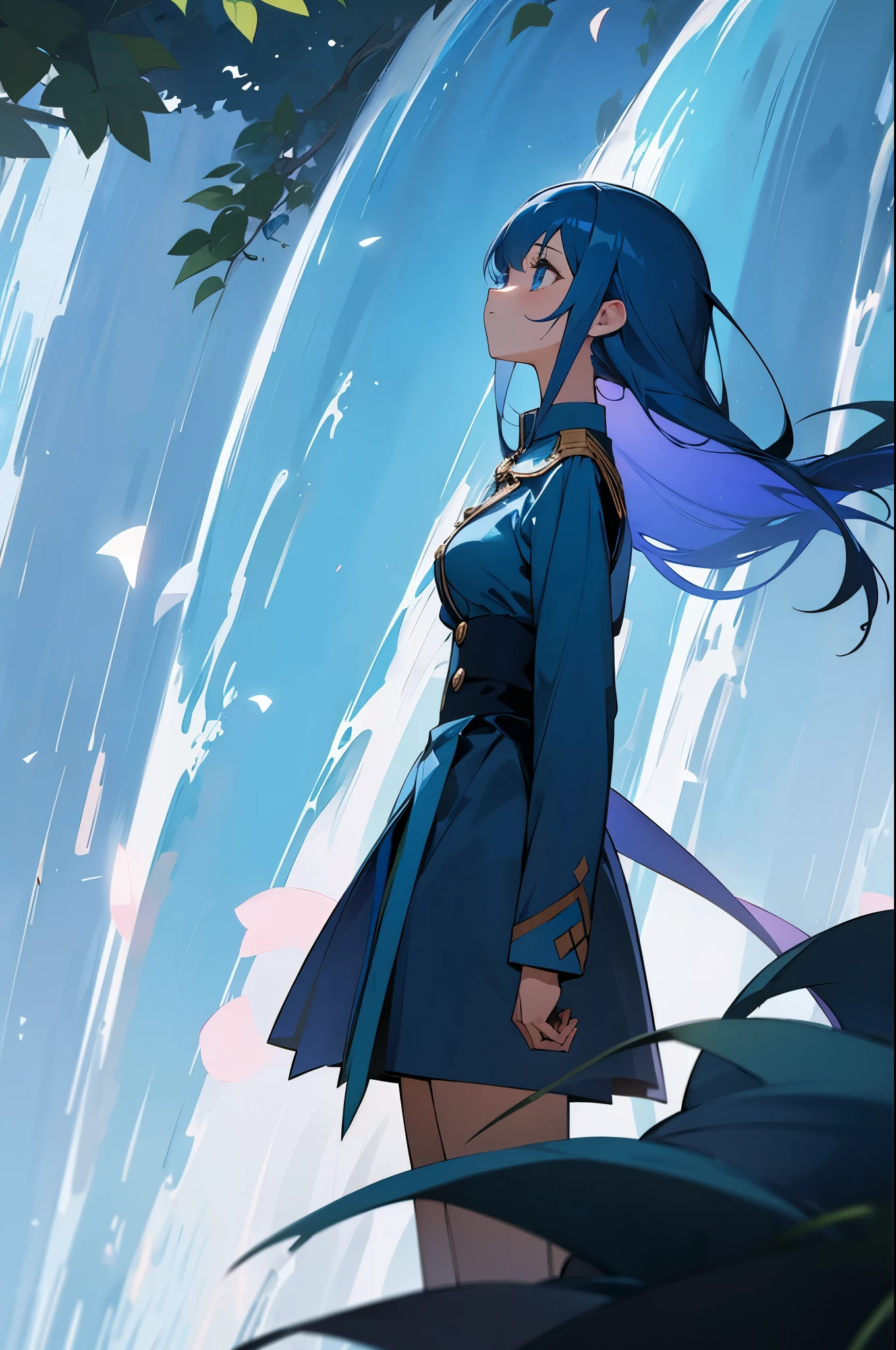 A girl , staring at the sky, zoning out, dark blue hairs, wearing a uniform in a magical forest near a waterfall,