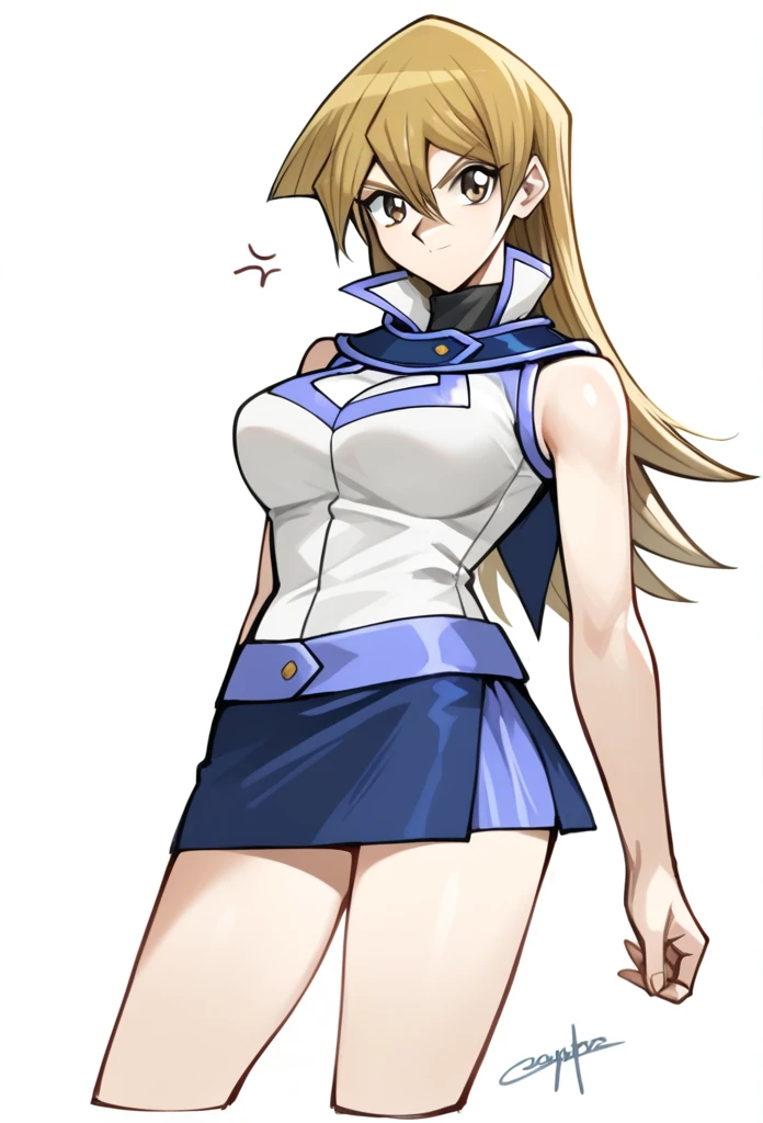 score_9,score_8_up,score_7_up,1girl, arm_behind_back, blonde_hair, brown_eyes, closed_mouth, cropped_torso, duel_academy_uniform_\(yu-gi-oh!_gx\), hair_between_eyes, highres, medium_breasts, simple_background, sketch, sleeveless_jacket, solo, straight_hair, tenjouin_asuka, turtleneck, very_long_hair, white_background, white_jacket, huge , big breast, sexy, smile, mini skirt, sexy legs, angry 