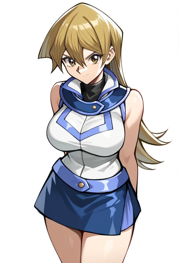 score_9,score_8_up,score_7_up,1girl, arm_behind_back, blonde_hair, brown_eyes, closed_mouth, cropped_torso, duel_academy_uniform_\(yu-gi-oh!_gx\), hair_between_eyes, highres, medium_breasts, simple_background, sketch, sleeveless_jacket, solo, straight_hair, tenjouin_asuka, turtleneck, very_long_hair, white_background, white_jacket, huge , big breast, sexy, smile, mini skirt, sexy legs, angry 