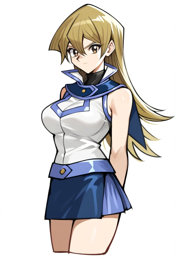 score_9,score_8_up,score_7_up,1girl, arm_behind_back, blonde_hair, brown_eyes, closed_mouth, cropped_torso, duel_academy_uniform_\(yu-gi-oh!_gx\), hair_between_eyes, highres, medium_breasts, simple_background, sketch, sleeveless_jacket, solo, straight_hair, tenjouin_asuka, turtleneck, very_long_hair, white_background, white_jacket, huge , big breast, sexy, smile, mini skirt, sexy legs, angry 