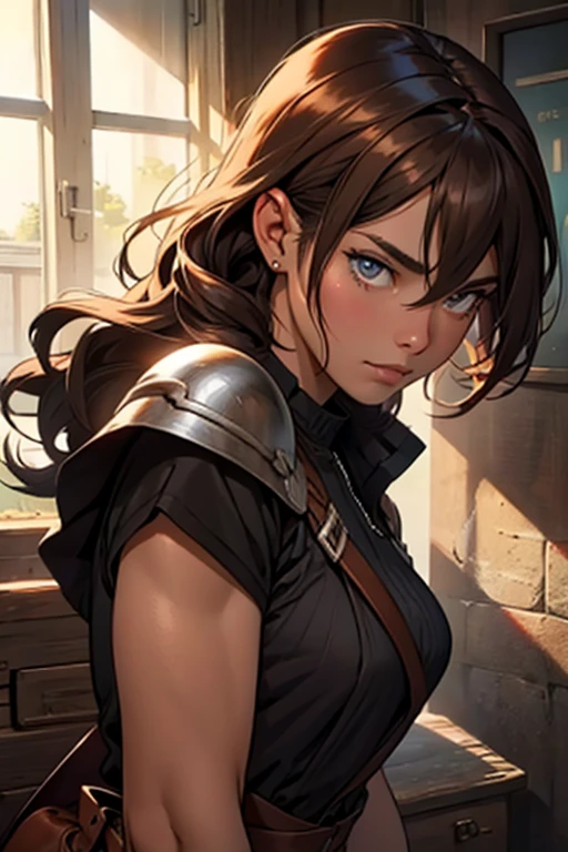 Woman,Eleven,warrioress,adult,black,chestnut hair, Eye Brown, shorth hair.