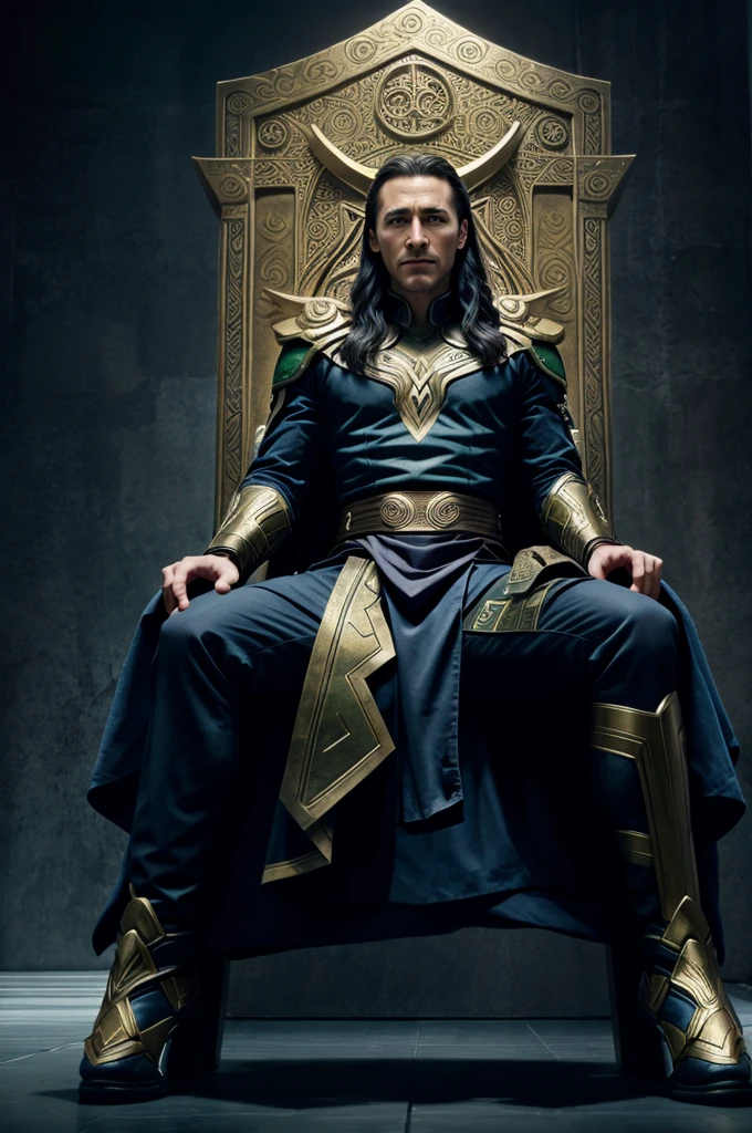 Generate a 4k quality wallpaper of God of multiverse Loki of Marvel universe sitting on a throne