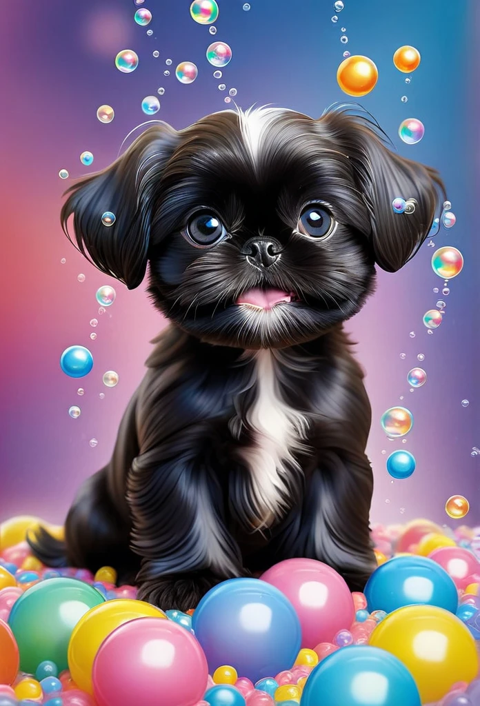 A tiny solid black Shih Tzu puppy with big bright blue eyes covered in shampoo bubbles, happy, playful, vibrant colorful bubbles in background