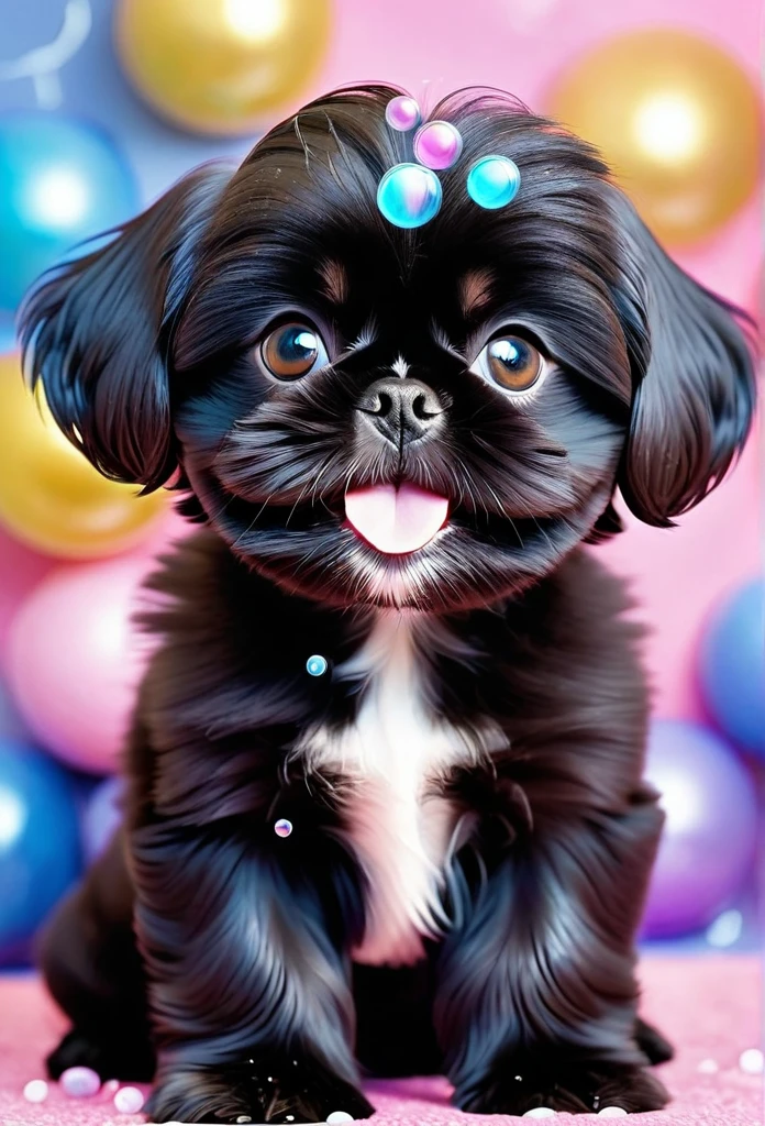 A tiny solid black Shih Tzu puppy with big bright blue eyes covered in shampoo bubbles, happy, playful, vibrant colorful bubbles in background