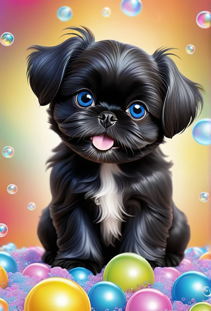 A tiny solid black Shih Tzu puppy with big bright blue eyes covered in shampoo bubbles, happy, playful, vibrant colorful bubbles in background