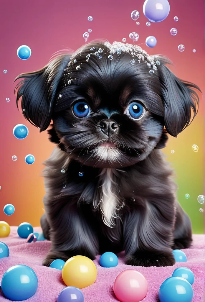 A tiny solid black Shih Tzu puppy with big bright blue eyes covered in shampoo bubbles, happy, playful, vibrant colorful bubbles in background