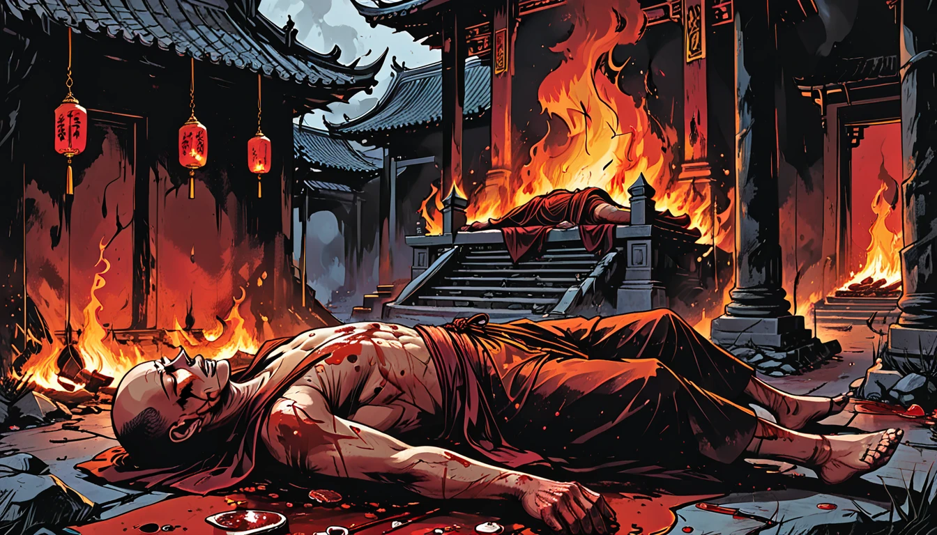 
in the foreground is the lower part of the demon black legs bloody fists,  (graphic novel style, dark novel style, comic style, 2d:1.5), (hyperrealism, masterpiece:1.4), (colourful, soft cinematic light:1.1), incredibly lifelike, Extremely high-resolution details, 8k, blood dripping, many dead monks in kashaya (lies) with their eyes closed in a blood, blood everywhere, night, outside a Buddhist temple, fire, blood, bald, ((lying on their backs)), (the monks lie bleeding),