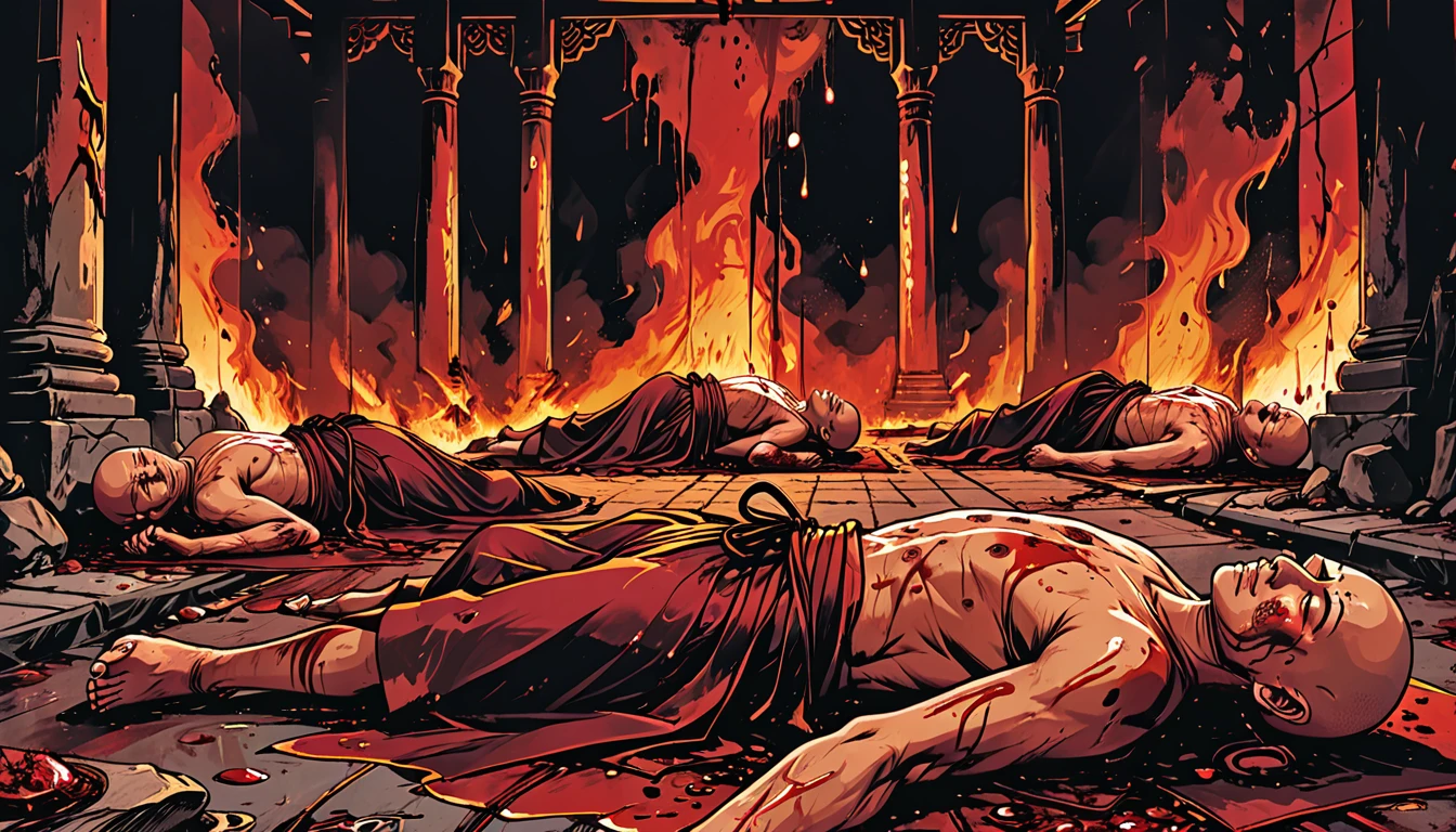 
in the foreground is the lower part of the demon black legs bloody fists,  (graphic novel style, dark novel style, comic style, 2d:1.5), (hyperrealism, masterpiece:1.4), (colourful, soft cinematic light:1.1), incredibly lifelike, Extremely high-resolution details, 8k, blood dripping, many dead monks in kashaya (lies) with their eyes closed in a blood, blood everywhere, night, outside a Buddhist temple, fire, blood, bald, ((lying on their backs)), (the monks lie bleeding),