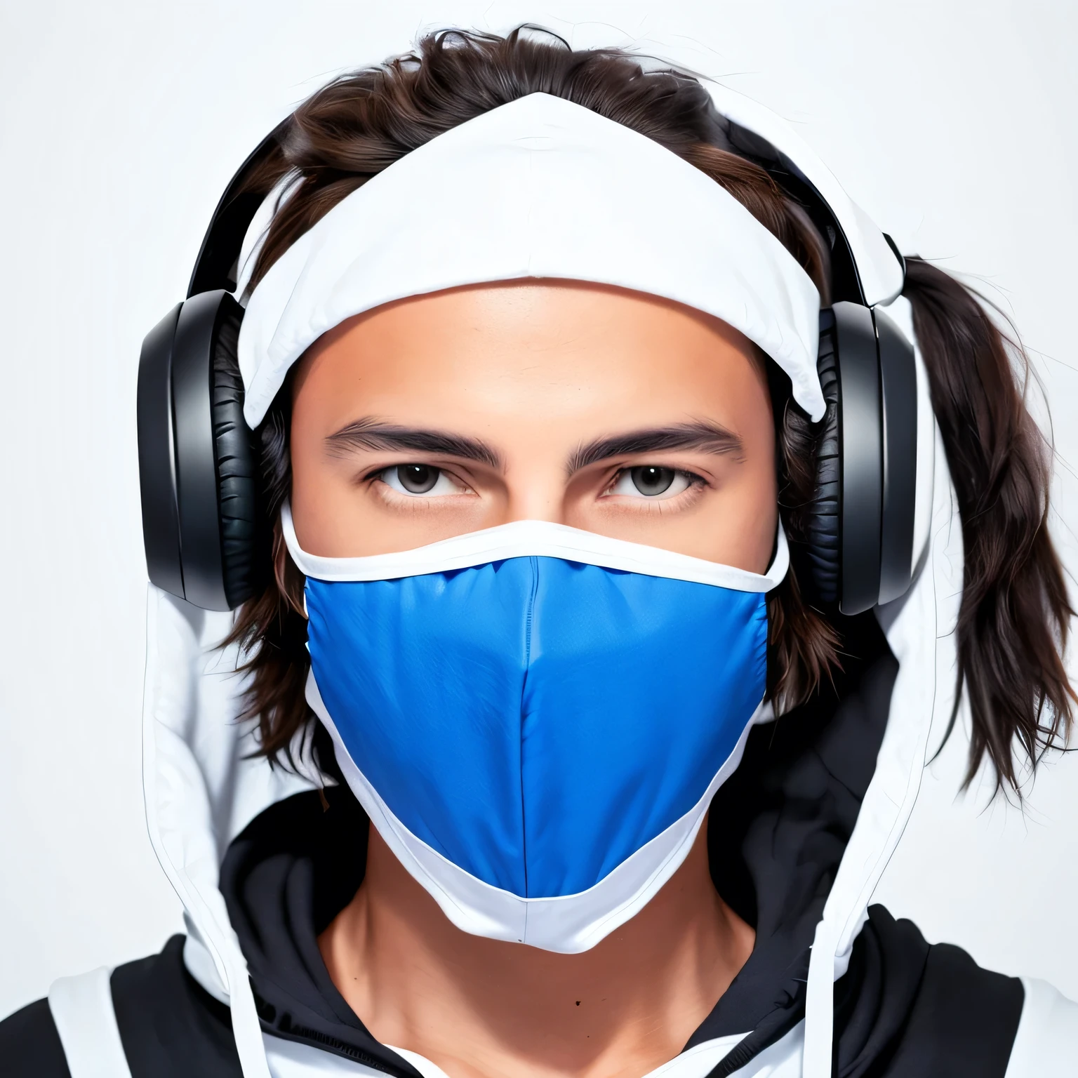 DJ in a hood and a cool mask, photo, white background