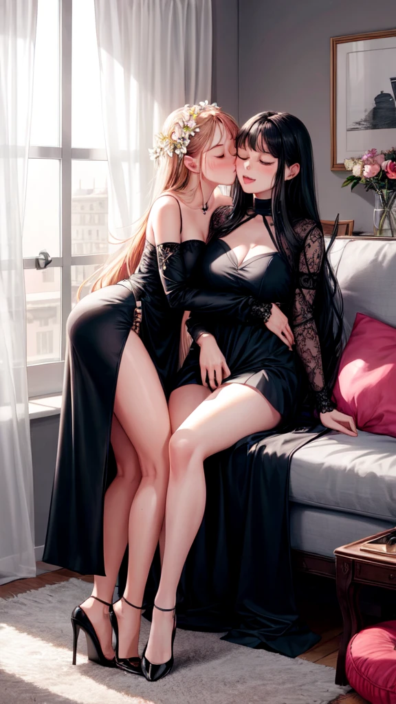 2 girls, kissing, long hair, room, closed eyes, Lie, casual wear, High heel shoes, Slim bodies, cute face, Thick hair, sofa, pillows, throw things around, window, curtains, vase with Flowers, hug each other.
Checkpoint:MeinaUnreal.
Ultra quality, 8k:)//