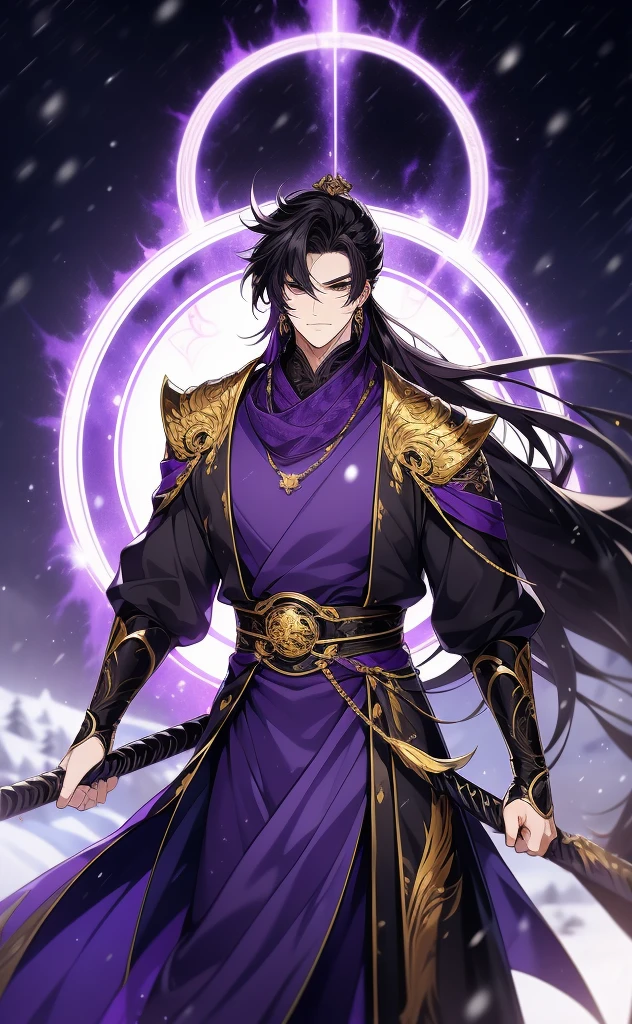 the only person, Libido boy, long black hair, golden eyes, purple martial arts uniform, fighting posture, purple aura, lightning effects, snowy background, snowy plain background, martial arts costumes, 1 man, intricate details, perfect generation, male, poncho, red magic vortex, perfect aura, proud, smiling,